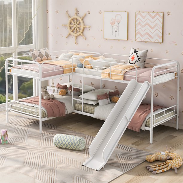Modern Twin Size L-Shaped Bunk Bed for 4, Quad Metal Bunk Beds with Slide and Short Ladder for Kids and Teens Girls Boys, 4 Beds in 1 Loft Bed for Bedroom Dorm Guest Room, White