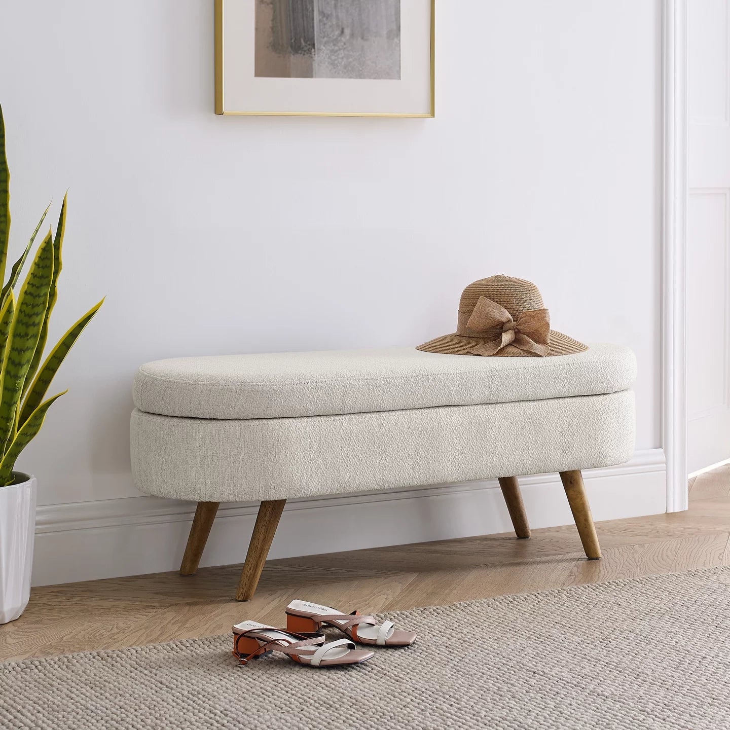 Oval Storage Ottoman Bench, 43.5" Linen Upholstered Storage Bench with Solid Wood Legs, Modern End of Bed Storage Bench Indoor Ottoman Bench with Storage for Living Room, Bedroom, Entryway, Beige