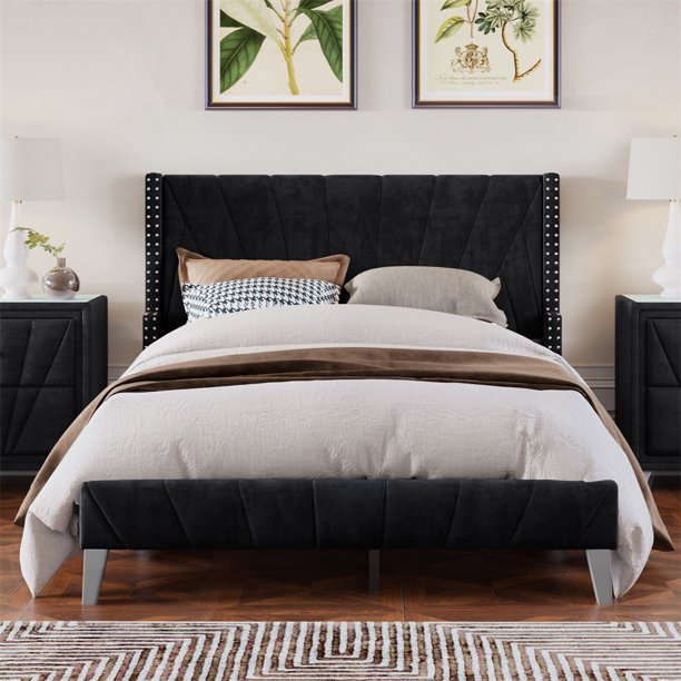 Full Size Platform Bed, Velvet Upholstered Platform Bed Frame with Channel Tufting and Nailhead Trim Headboard for Adults, No Box Spring Needed, Black