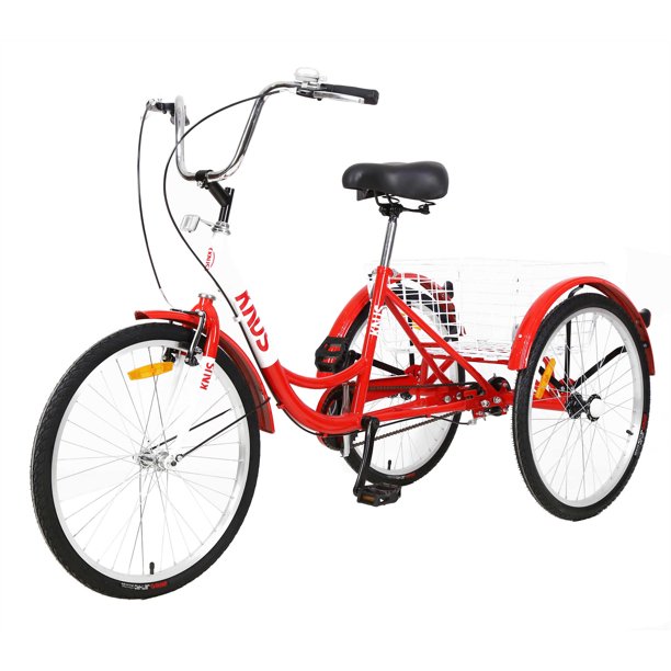 Adult Tricycle Trikes, Single Speed, Adult Trikes, 26 Inch 3 Wheel Bikes, Three-Wheeled Cruiser Bicycle with Large Shopping Basket, for Women, Men, Red
