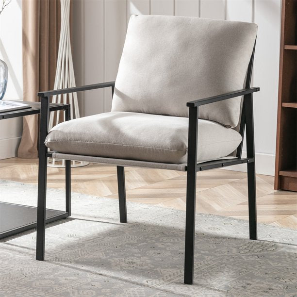 INCLAKE Modern Accent Chair, Metal Frame Armchair with Thick Padded Backrest and Seat Cushion, Upholstered Sofa Chair Reception Chair for Living Room, Bedroom, Office, Cream