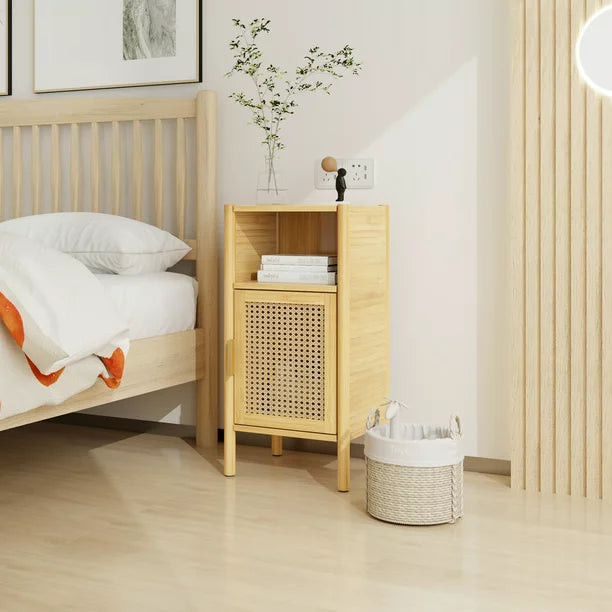Rattan End Side Table with 1 Door Cabinet, Bamboo Nightstand Bedside Table with Open Storage Shelf, Accent End Table Sofa Table for Living Room and Bedroom, Natural