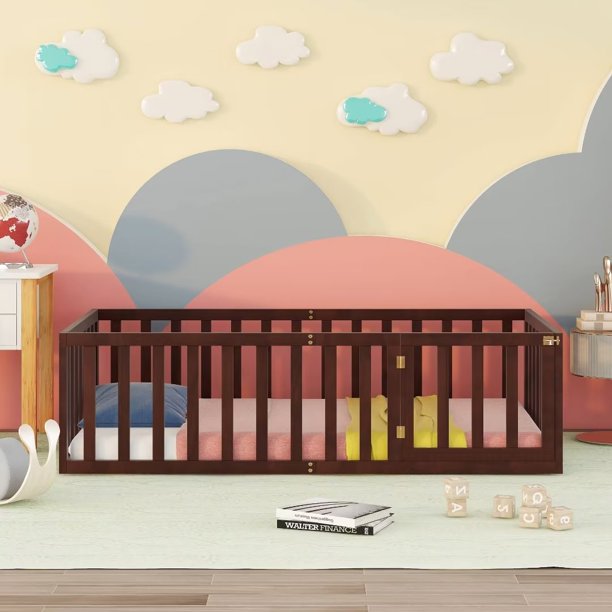 Twin Size Floor Bed, Wood Twin Montessori Bed Frame with Fence Guardrails and & Support Slats, Twin Playhouse Bed with Door Design, Fence Bed Playpen Bed for little ones, Walnut