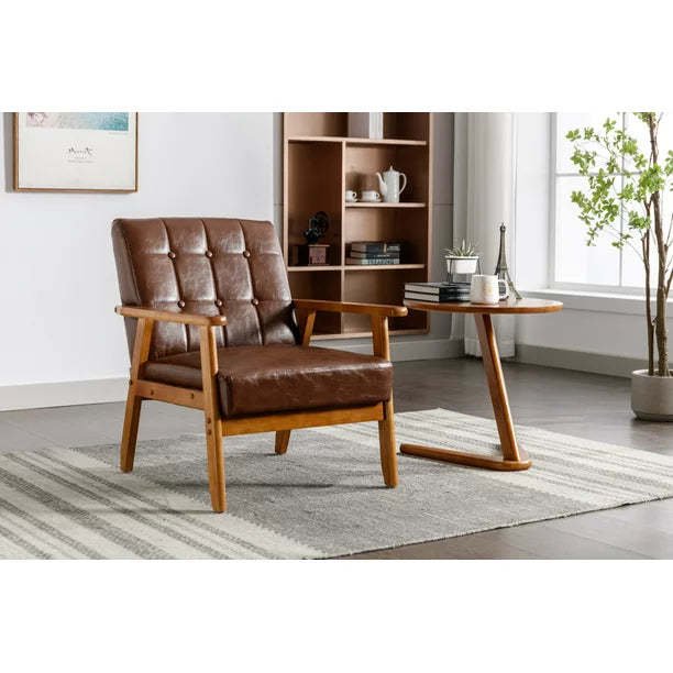 Accent Chair Mid-Century Modern PU Armchair with Solid Wood Armrest and Feet Comfy Leisure Chair Single Sofa Chair Lounge Chair for Living Room Bedroom Studio, Brown