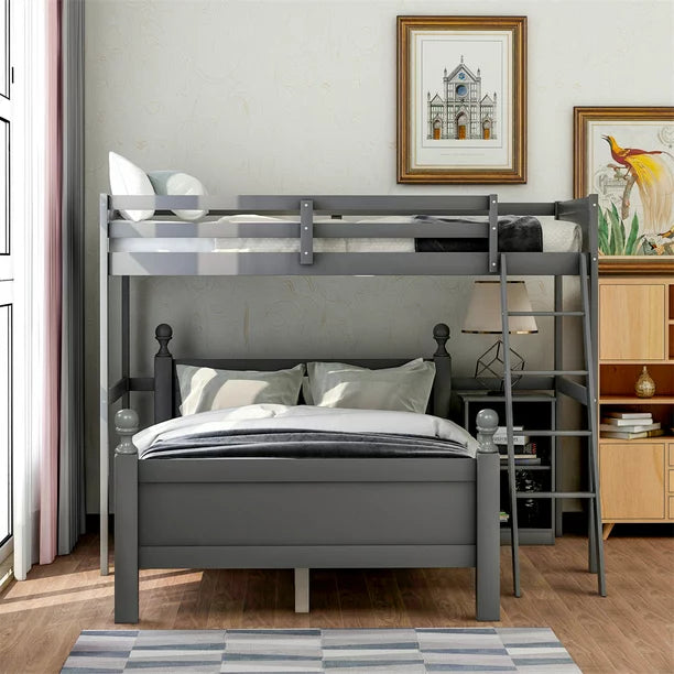 L-Shaped Bunk Bed with Cabinet, Wood Twin over Full Loft Bed Frame with Full-Length Guardrail & Ladder, Space-Saving Loft Bunk Bed for Boys Girls, Separated into 2 Beds, No Box Spring Needed, Gray