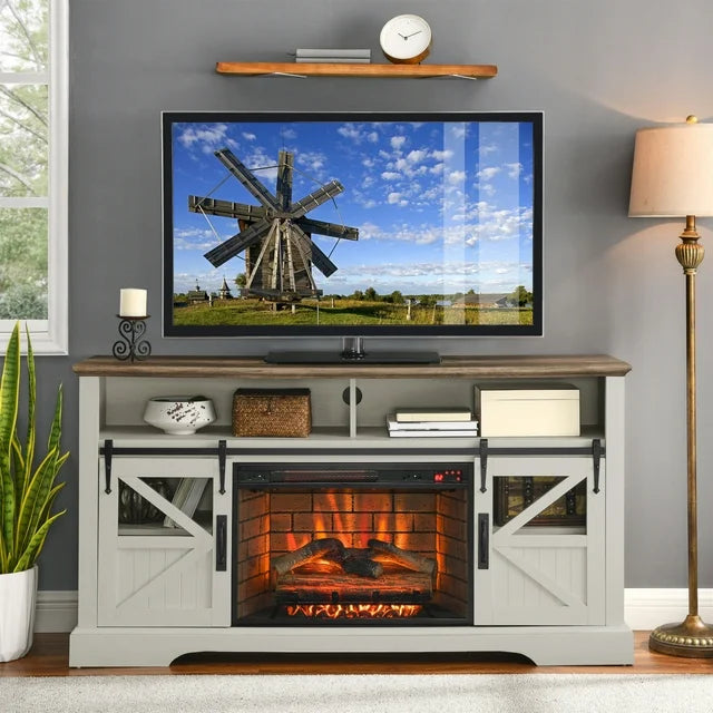 60" Electric Fireplace TV Stand,Entertainment Center With Door Sensor,Modern Television Stands with Open Shelves and Cabinet for Living Room,Jasmine White