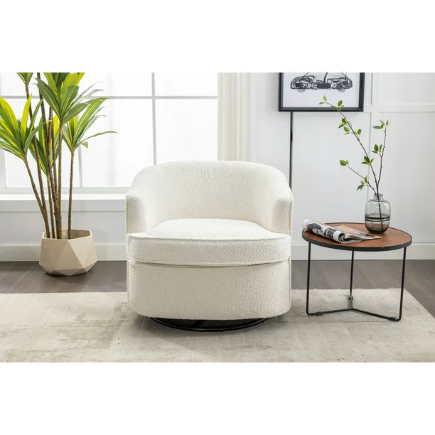 Comfy Chenille Swivel Barrel Chair, Round Accent Sofa Chair with Metal Base, 360 Degree Swivel Barrel Club Chair, Leisure Arm Chair for Living Room, Hotel, Bedroom, Office, Lounge (Beige)