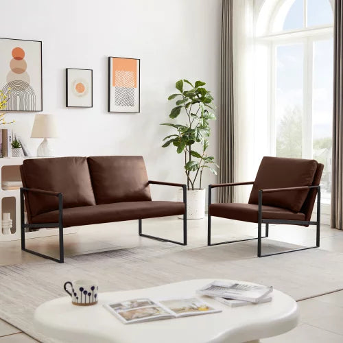 Leather Accent Chair,Modern PU Leather Armchair Loveseat Sofa Chair with Extra-Thick Padded Backrest and Seat Cushion,Living Room Chair with Metal Frame Extra-Large Lounge Chair for Living Room,Brown