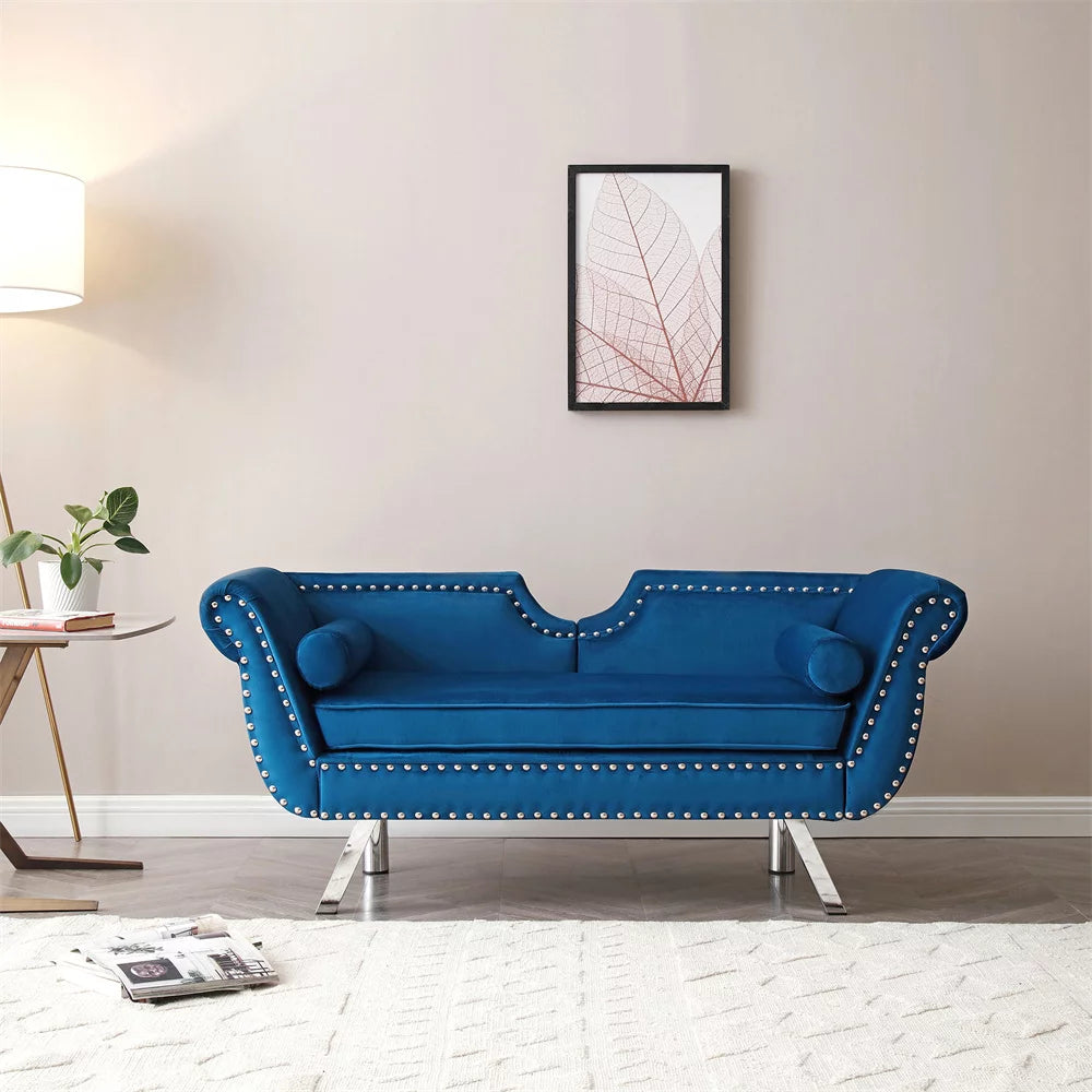 61" Accent Sofa, Modern Velvet Upholstered Loveseat Sofa Couch with Nailhead Trims & Curved Backrest & Rolled Arms & Silver Metal Legs & Removable Cushion, 3-Seat Sofa Armchair for Living Room, Blue