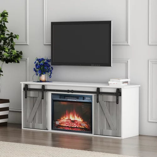 Countryside Electric Fireplace 57.87" TV Stand Entertainment Center with Sliding Barn Doors for TVs up to 65 Inch(Antique White+Gray)