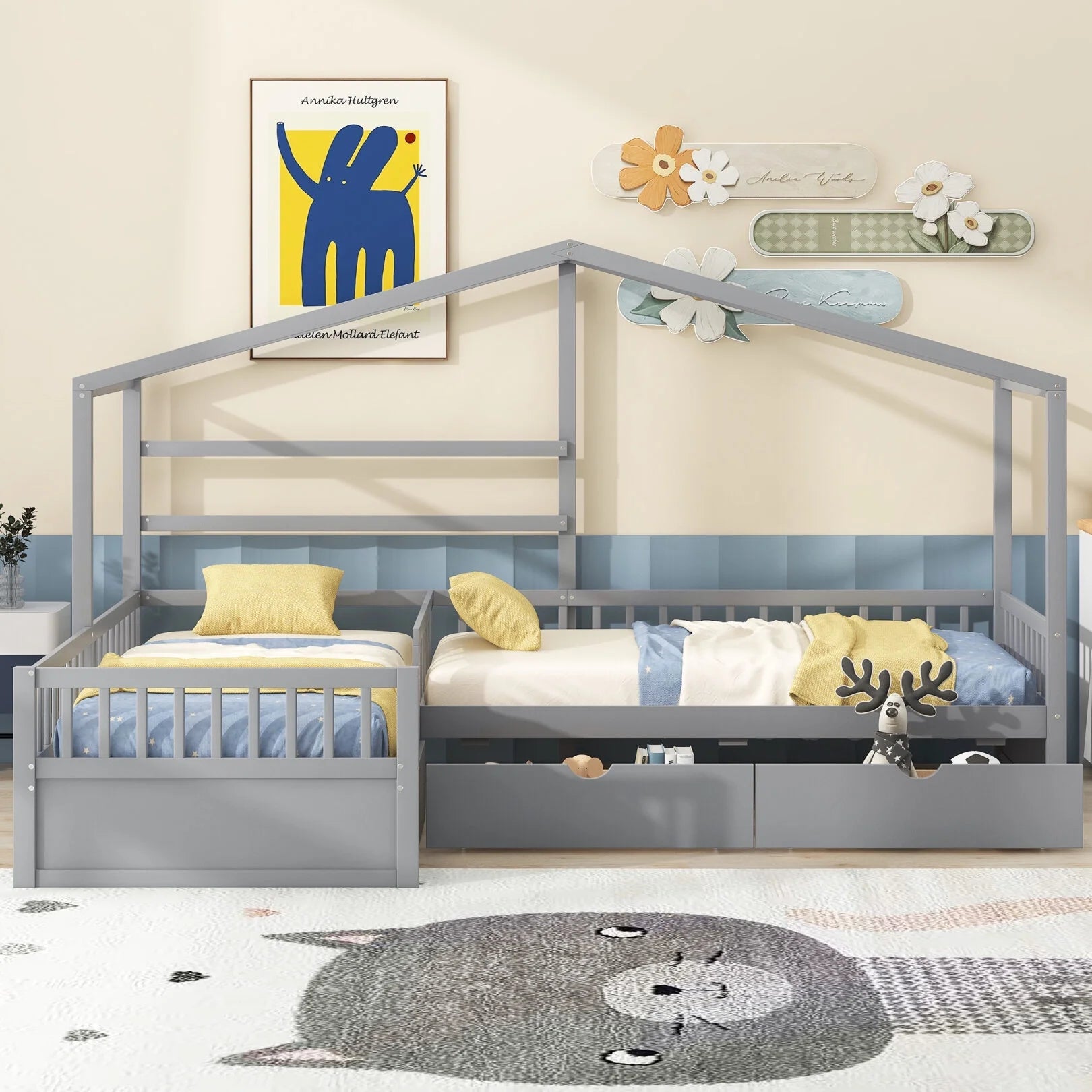 Twin Size L-Shaped Wood House Platform Bed with Storage Drawers, Wooden Double Beds Kids Montessori House Bed with Fence & Roof, Wood Tent Cabin Beds Frame for Girls Boys Teens, (Gray-L-Shaped)