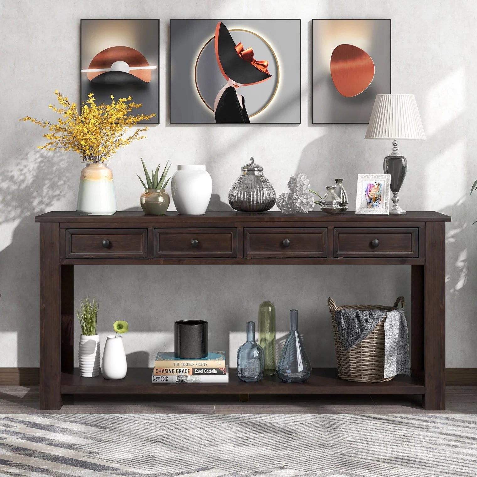 Extra Long Console Table, 64" Farmhouse Wood Sofa Table with 4 Storage Drawers and Open Bottom Shelves, Wood Couch Accent Vintage Entryway Side Table for Hallway, Living Room, Espresso