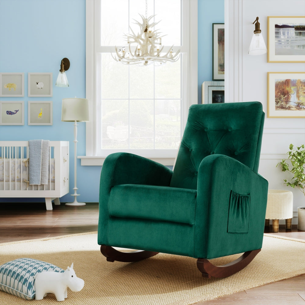 High Back Rocking Chair, Comfortable Rocker with Fabric Padded Seat and Side Pocket, Modern Nursery Armchair, for Living Room Bedroom Baby Room, Green