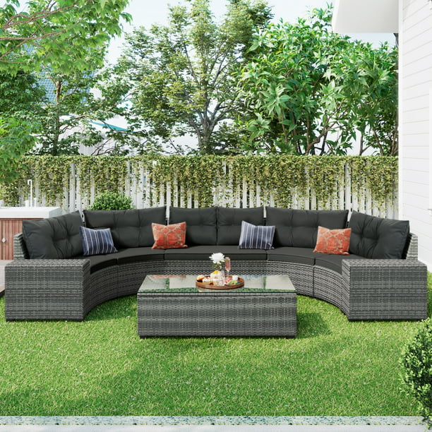 8-Piece Outdoor Wicker Round Sofa Set, Half-Moon Sectional Patio Sofa Set, Curved Sofa Set With Rectangular Coffee Table, PE Rattan Water-resistant and UV Protected, Movable Cushion, Gray