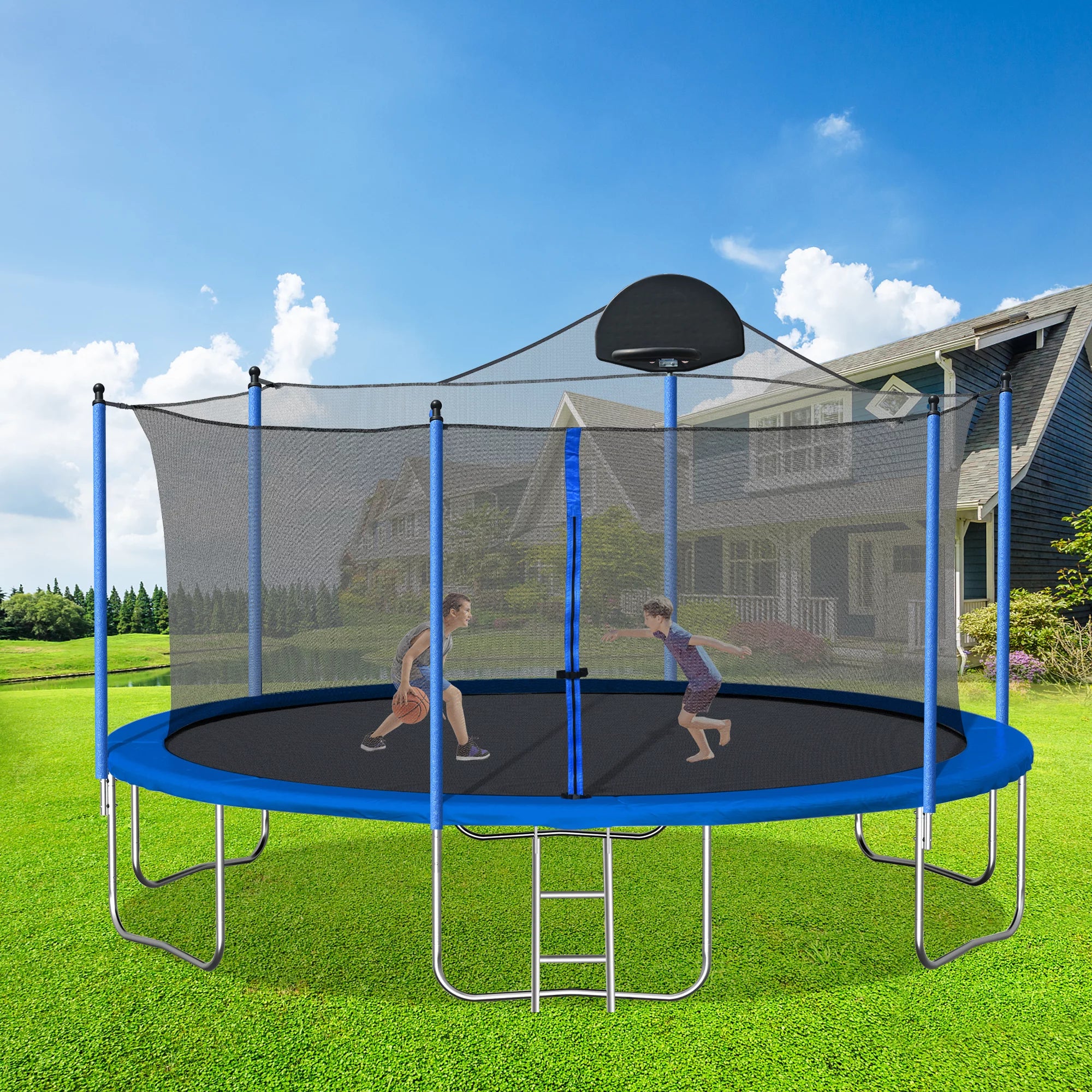 Trampoline for Kids 14FT, All-Weather Trampoline with Safety Enclosure Net, Basketball Hoop and Ladder, Thickened Spring Pad and Strong Supports, ASTM Approved Combo Bounce Outdoor Fitness Trampoline