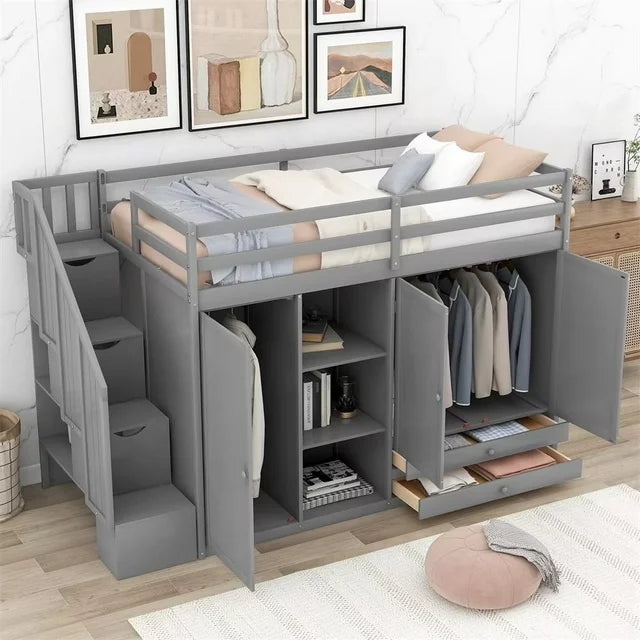 Twin Size Loft Bed, Wood Bed Frame with 2 Wardrobes, 2 Drawers, 3 Shelves and Storage Stairs, Multi-Function Loft Bed for Kids Teens Boys Girls, No Box Spring Required, Gray