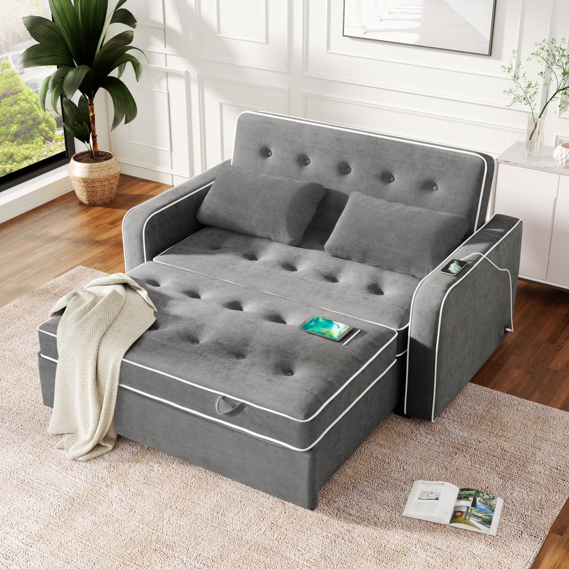 65.7" Pull Out Sleep Sofa Bed with Adjsutable Backrest, Linen Upholstered Sleeper Bed with Two Pillows and USB Charging Port, Convertible Loveseat Futon Couch for Living Room Apartment, Dark Gray