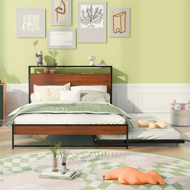 Metal Platform Bed Frame with Trundle, Full Size Platform Bed with USB Ports, Storage Headboard, and Slat Support for Kids Teen Adults, Noise Free, No Box Spring Needed, Black