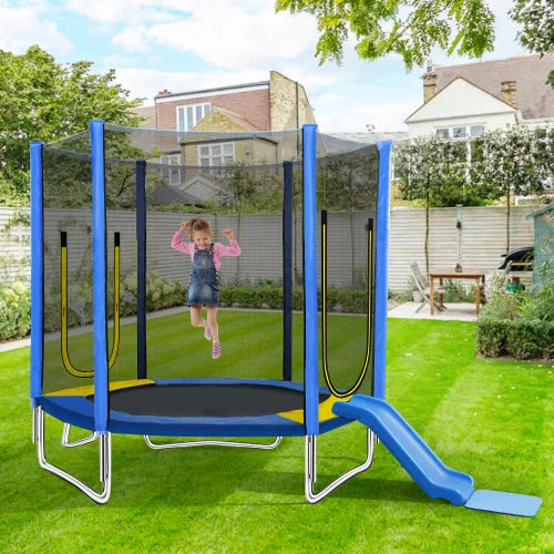 Trampoline with Slide and Ladder,7FT Climb ‘n Slide Kids Recreational Trampoline with Enclosure Net for Indoor/Outdoor