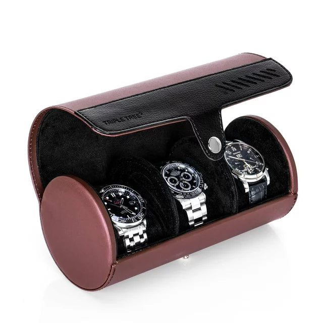TRIPLE TREE Watch Roll, Travel Watch Case for 3 Watches, Travel Watch Box with Velvet Sections to Prevent Scratching or Impact, Brown