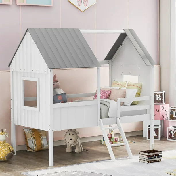 Twin House Loft Bed with Roof for Kids, Low Wooden Bed Frame with Ladder and Fence Guardrails, Montessori Bed with Two Side Windows for Boys Girls Bedroom, No Box Spring Needed, White&Gray