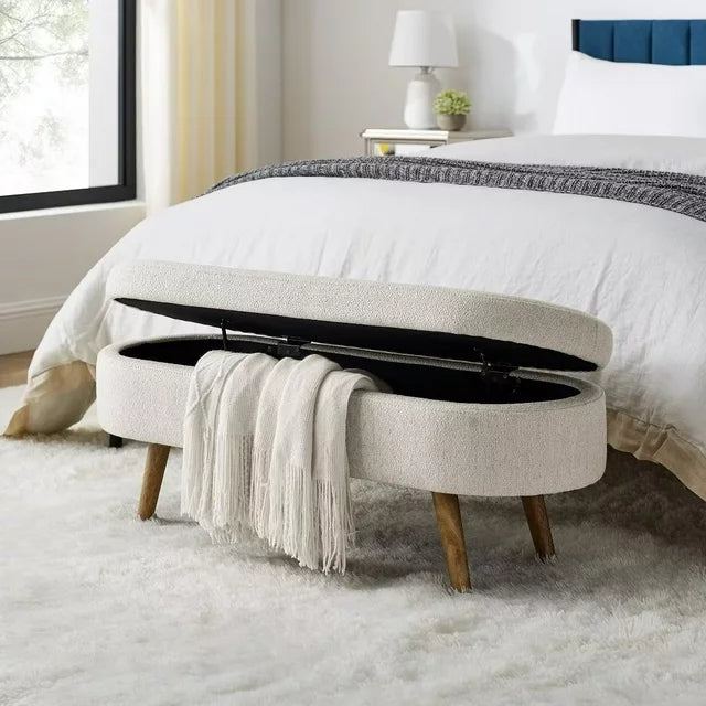 Ottoman Bench with Storage,Linen Fabric Upholstered Bench Bedroom Oval Storage Bench with Rubber Wood Legs for Living Room Bedroom Entryway,Beige
