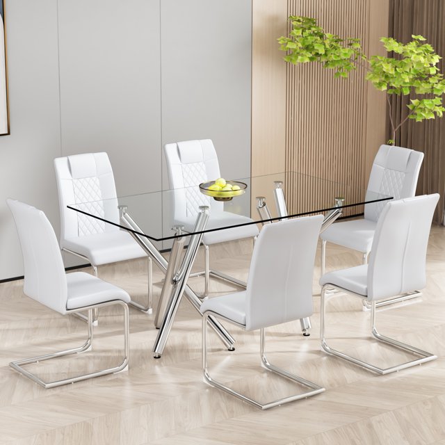 Dining Chairs Set of 6, Modern Dining Chairs with Faux Leather Padded Seat Upholstered High Back Diner Chair with Metal Legs for Kitchen, Living, Bedroom, Dining Room Armless Side Chair, White