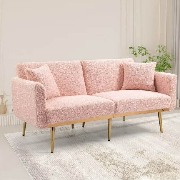 Accent Sofa, Tufted Loveseat Sofa, Convertible Sofa Bed with Two Pillow, Sleeper Sofa Couch with Metal Legs and Adjustable Backrest, Modern Recliner Sofa for Living Room, Bedroom, Offices, Pink