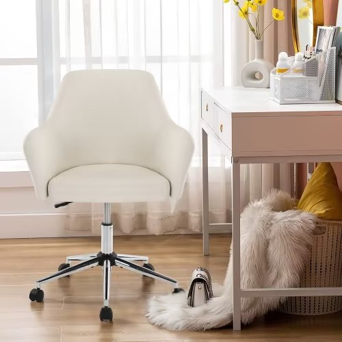 Home Office Chair, Modern Cotton Linen Executive Desk Chair, Accent Armchair with Wheels, Swivel Adjustable Task Chair with Soft Seat for Bedroom, Living Room, Home Office, beige