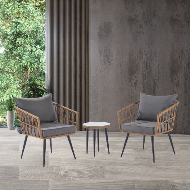 3 Piece Patio Bistro Set, Outdoor Bistro Furniture Set with 2 PE Rattan Arm Chairs and Glass Top Side Table Patio Conversation Bistro Set for Porch, Outdoor, Backyard, Apartment, Balcony, Dark Gray