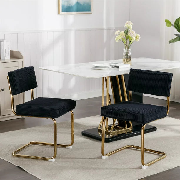 Modern Dining Chairs with Gold Metal Base, Mid-Century Accent Armless Kitchen Chairs with Channel Tufting, Upholstered Boucle Fabric Side Chairs for Kitchen Living Room, Set of 2, Black