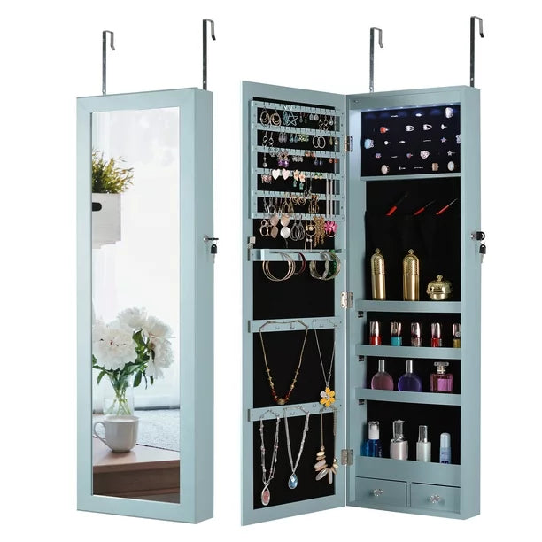 Jewelry Storage Cabinet Mirror, Modern Hanging Wall Cabinet with LED Lights and Inner Storage Shelves, Fashion Locking Storage Cabinet with Metal Hook for Living Room, Easy Assembly, Blue