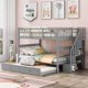 Full Over Full Bunk Bed with Twin size Trundle and Storage Stairs, Wood Bunk Bed with Full- Length Guard Rail for Kids Teens Adults, No Box Spring Needed, Gray 94.2''L x 58''W x 63.1''H