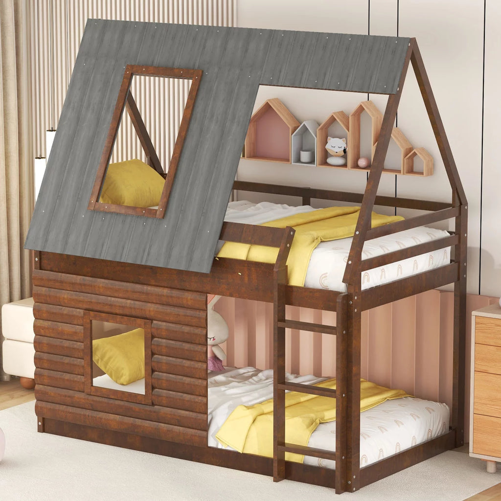 Twin Over Twin House Bunk Bed,Wood Floor Bunk Bed with Roof, Ladder an ...