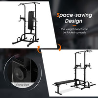 Power Tower Dip Station with Bench,Height Adjustable Pull Up Bar Stand with Folding Weight Bench,Heavy Duty Multi-Function Fitness Training Equipment for Home Office Gym