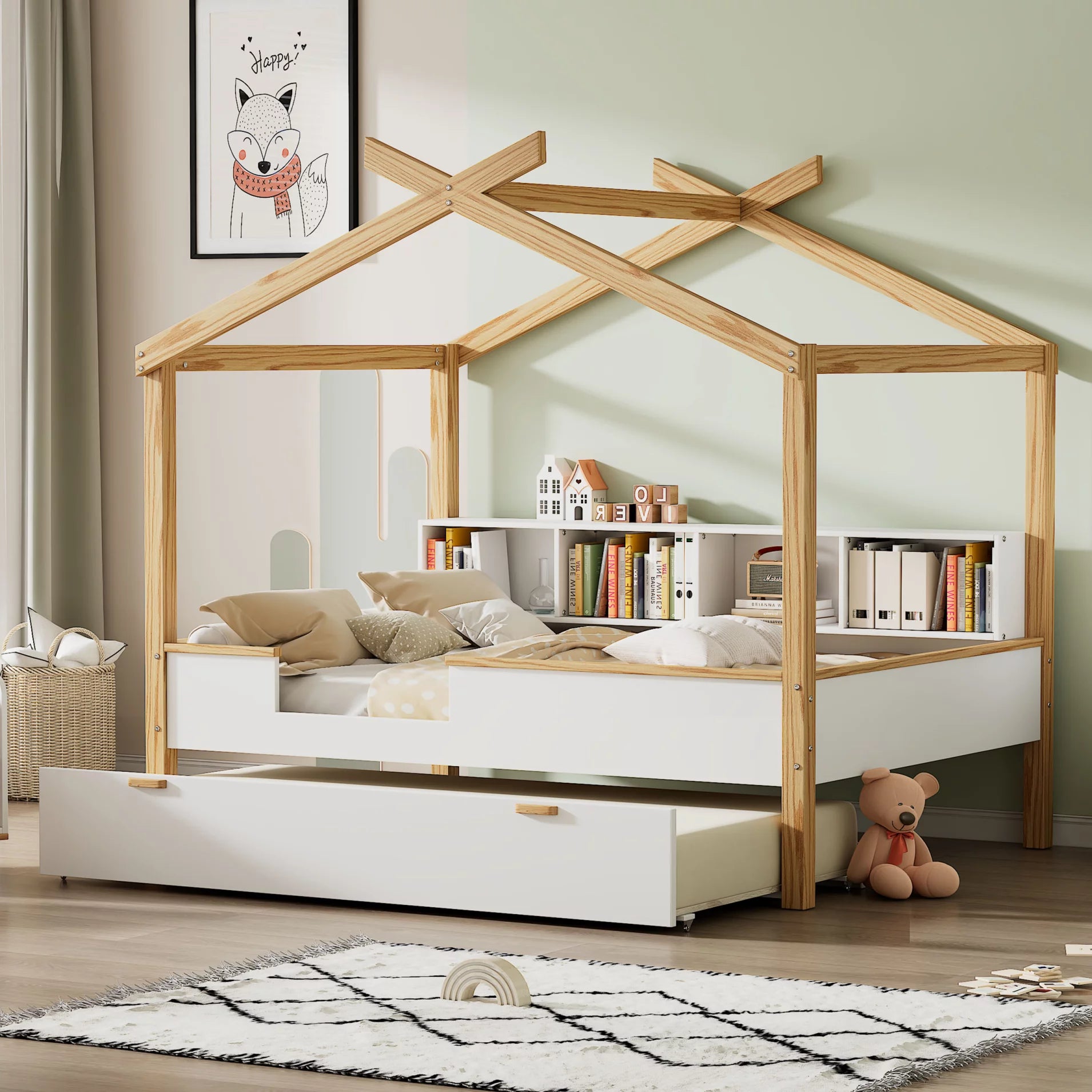 Full Size Wooden House Bed with Twin Size Trundle, Kids Bed Frame with Original Wood Colored Frame & Bookshelf Storage Space, for Bedroom, Guest Room, White