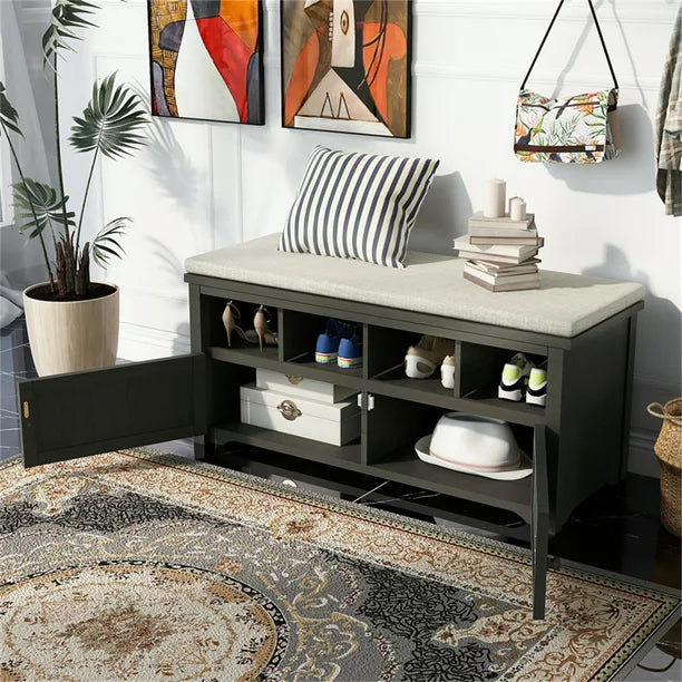 Storage Bench, Rustic Style 2-Door Storage Bench with 4 Small Storage Spaces and Linen Upholstered Top Cushion, Wood Storage Bench for Entryway, Foyer or a Mudroom, Dark Gray & Beige