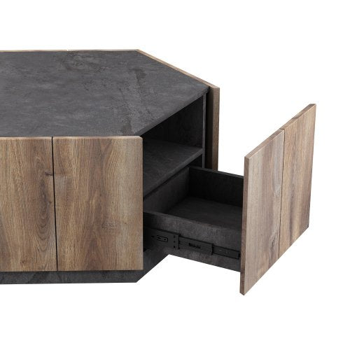 Coffee Table with 2 Drawers, Rustic Hexagonal Storages Table for Living Room, Circle Coffee Table with Storage Drawers, Industrial Coffee Table Center Table for Reception Room, Grey Cement + Mahogany