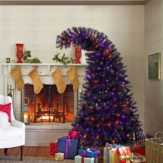 6FT Bent Top Halloween Christmas Tree, Hinged Fraser Fir Artificial Fir Bendable Grinch Style Christmas Tree w/1,080 Lush Branch Tips, 250 LED Lights & Metal Stand, Xmas Tree Holiday Decoration Purple