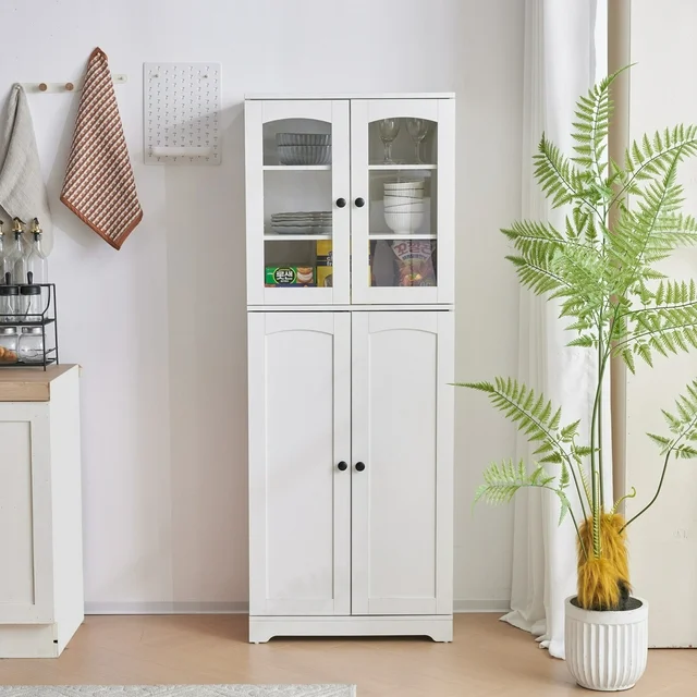 63" Tall Kitchen Pantry Storage Cabinet, Freestanding Pantry Cabinet with Acrylic Doors and Adjustable Shelves, Bathroom cabinet Sideboard Cabinet for Living Room Kitchen Dining Room Office, White