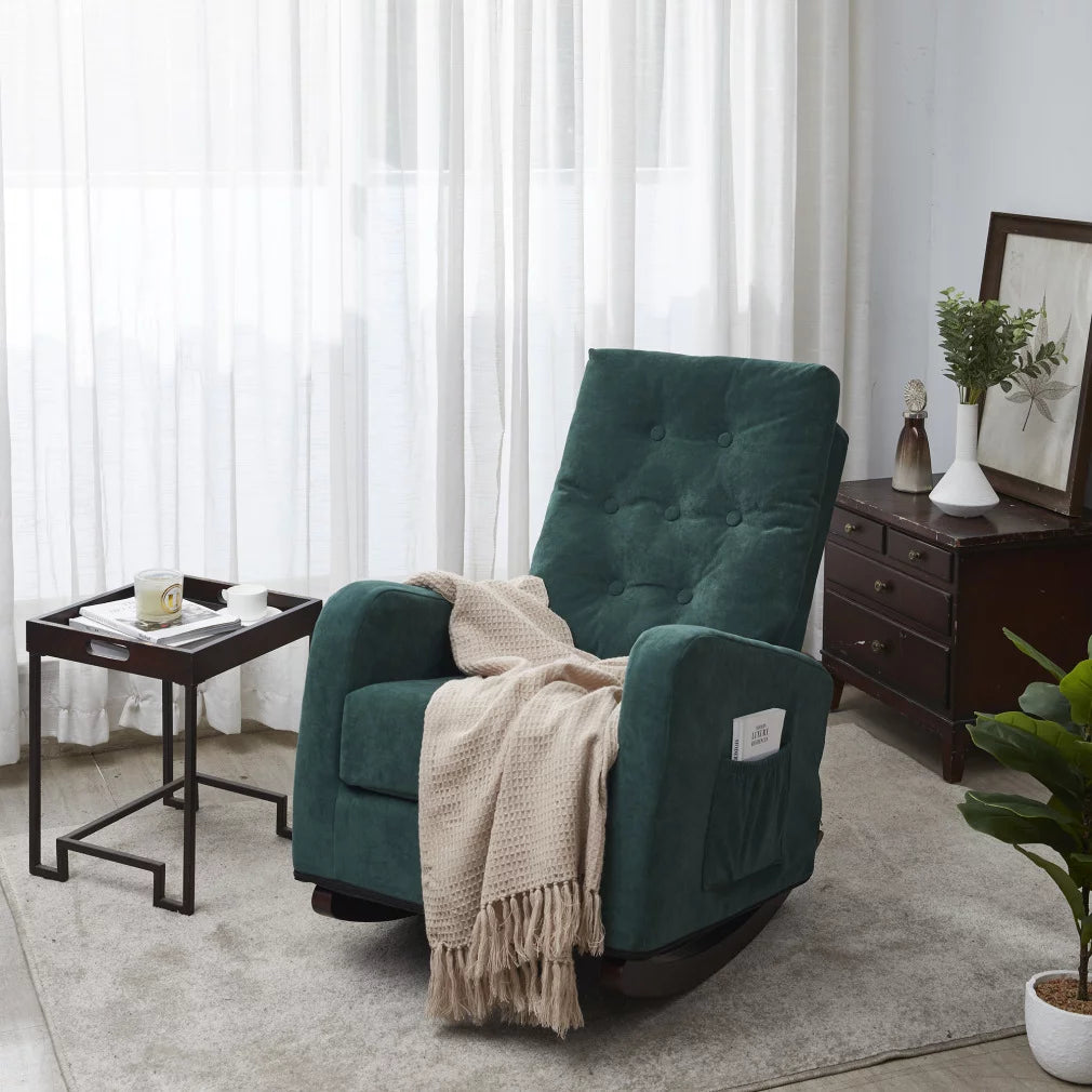 High Back Rocking Chair, Nursery Chair with Side Pocket, Linen Fabric Single sofa Chair, Lazy Sofa Balcony Reclining Chair, Padded Armchair, for Living Room,Bedroom,Office,Antique Green