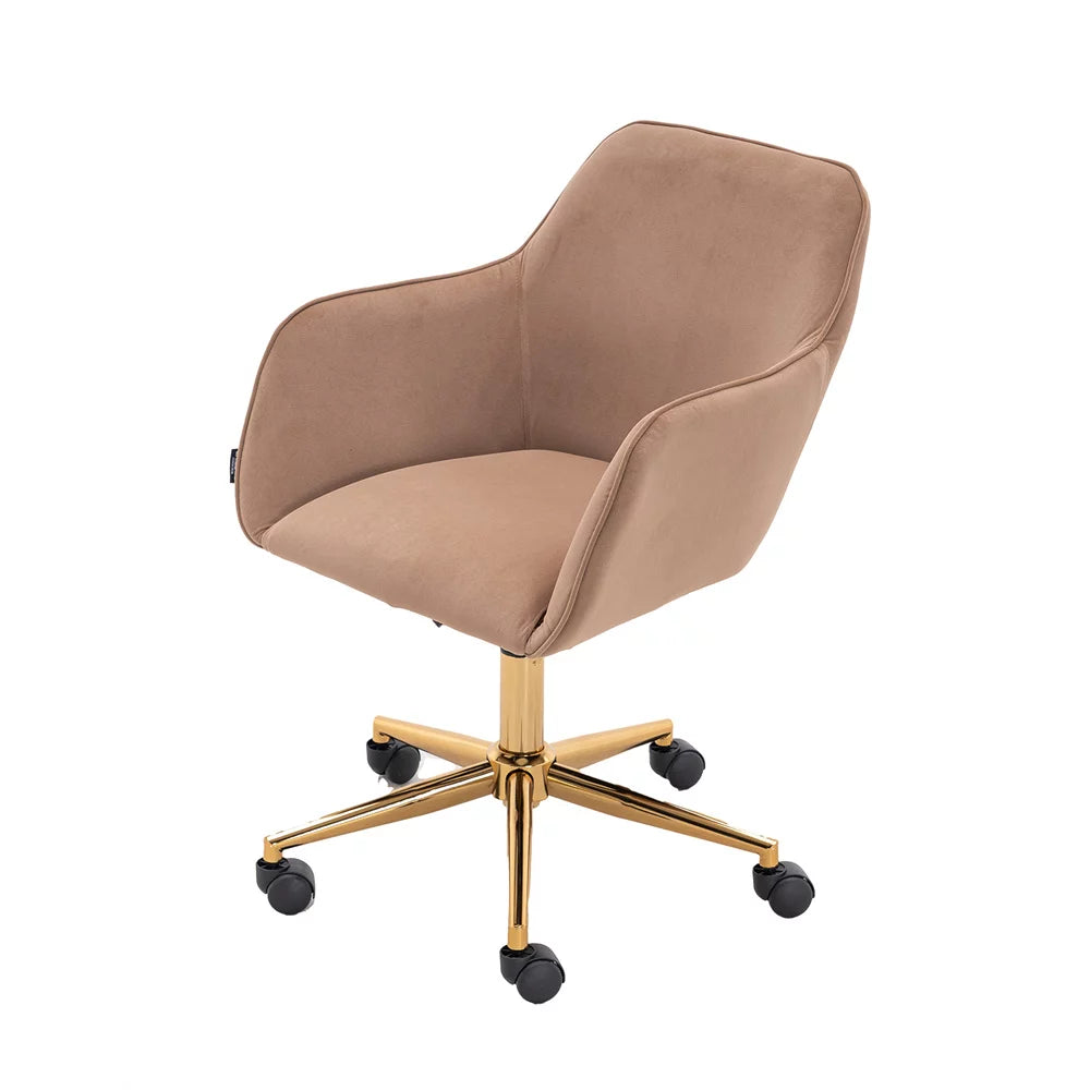 Modern Swivel Home Office Chair, Cute Mid-Back Velvet Upholstered Computer Desk Chair Armchair with Gold Metal Legs and Universal Wheels, Adjustable Height 360 Swivel Vanity Task Chair, Light Coffee