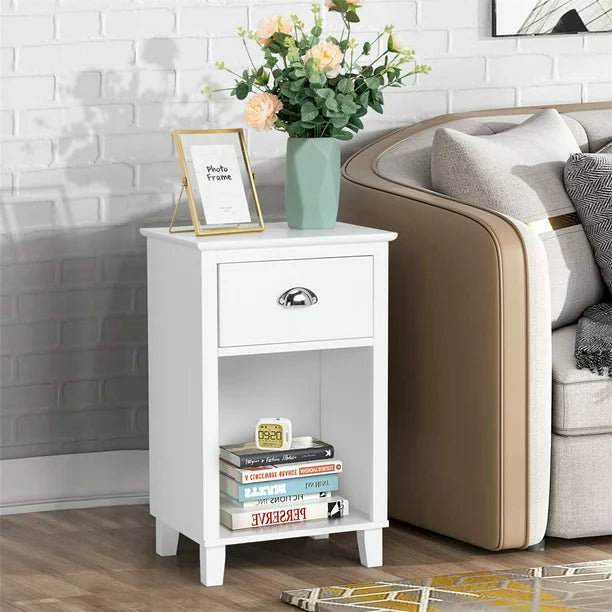 Nightstand Pack of 1, Wood End Table with one Drawer and Open Shelf, Modern Bedside Table, for Bedroom Living Room, White