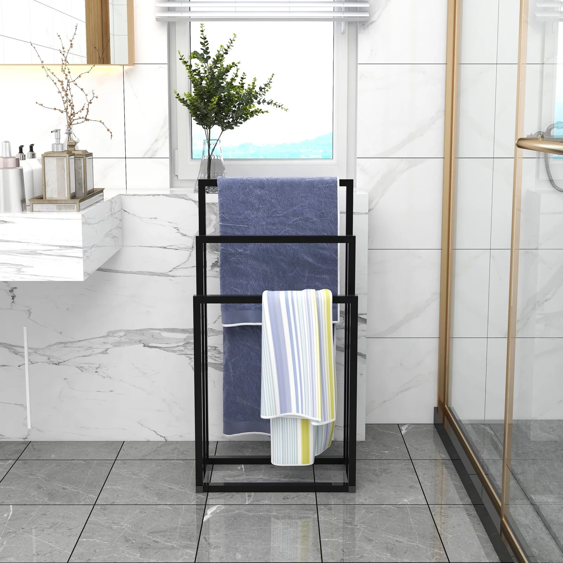 Metal Freestanding Towel Rack, 3 Tiers Hand Towel Holder Organizer, Storage Towel Bar Stand for Bathroom Accessories, Black