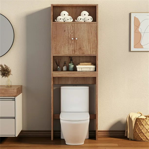 Home Over The Toilet Storage Cabinet, Bathroom Shelf Over Toilet with 2 Open Shelves and Cabinets, Bathroom Storage Cabinet Organizer for Bathroom Space Saver, Yellow Brown