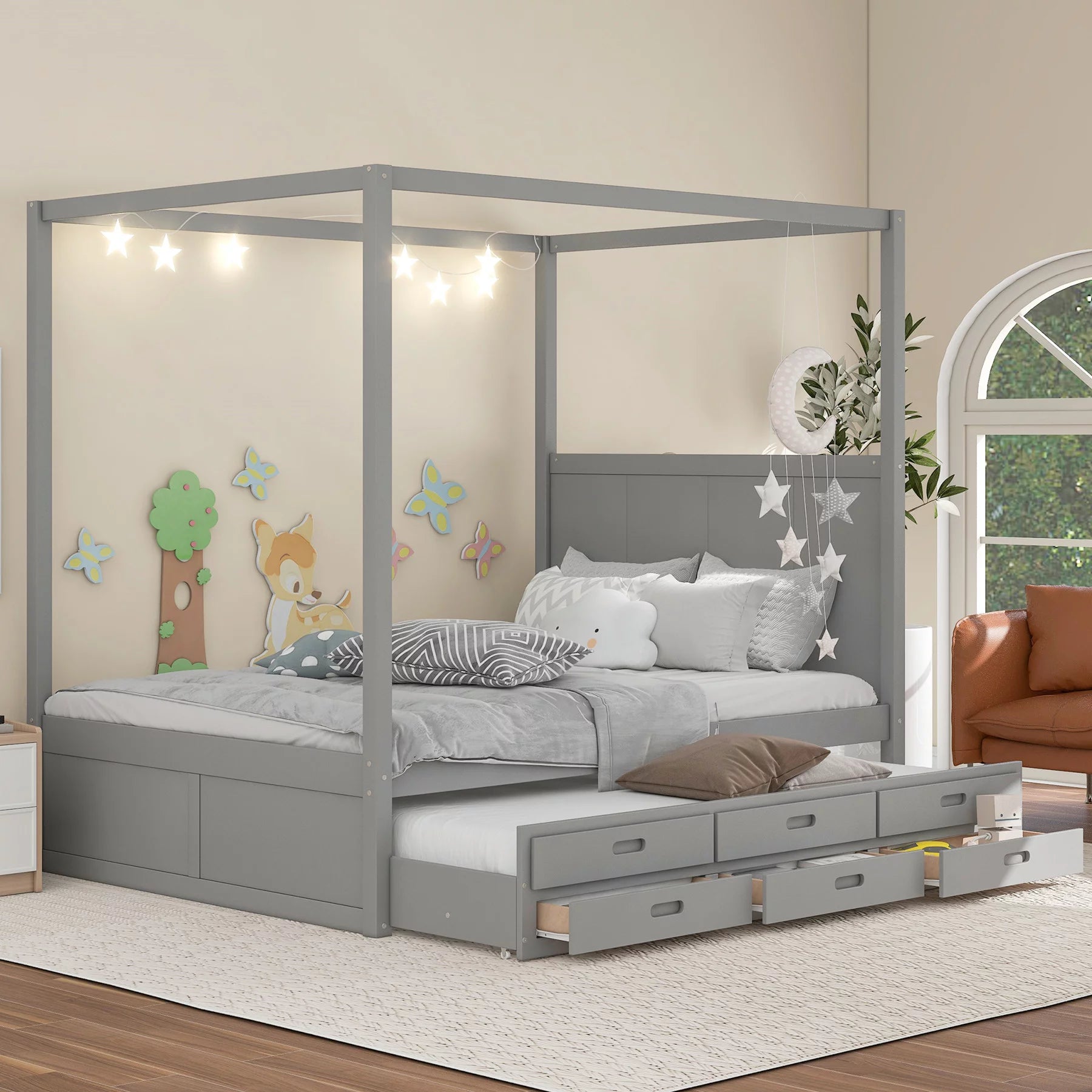 Queen Size Canopy Platform Bed with Twin Size Trundle and 3 Storage Drawers, Wood 4-Poster Bed with Headboard for Adults Kids Teens, Wood Queen Bed Frame, Gray