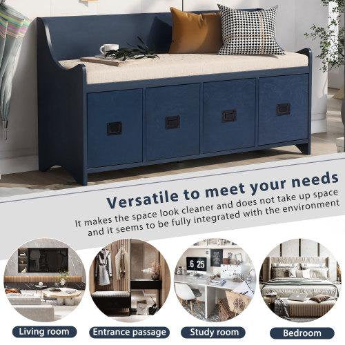 Storage Bench with 4 Drawers and Backrest, Solid Wood Shoe Bench with Removable Cushion for Hallway Entryway Living Room (Antique Navy)