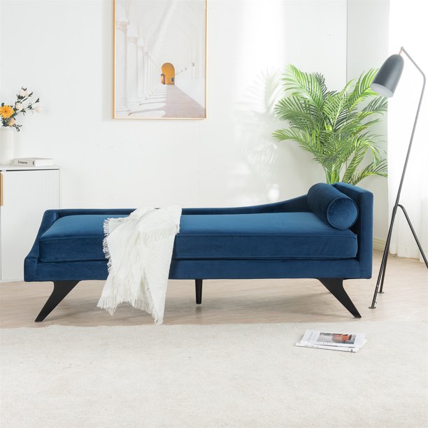 Velvet Indoor Modern Right Square Arm Reclining Chaise Lounge, Fabric Chaise Couch, Sleeper Sofa for Bedroom, Office, Small Living Room, Apartment and Dorm, Blue