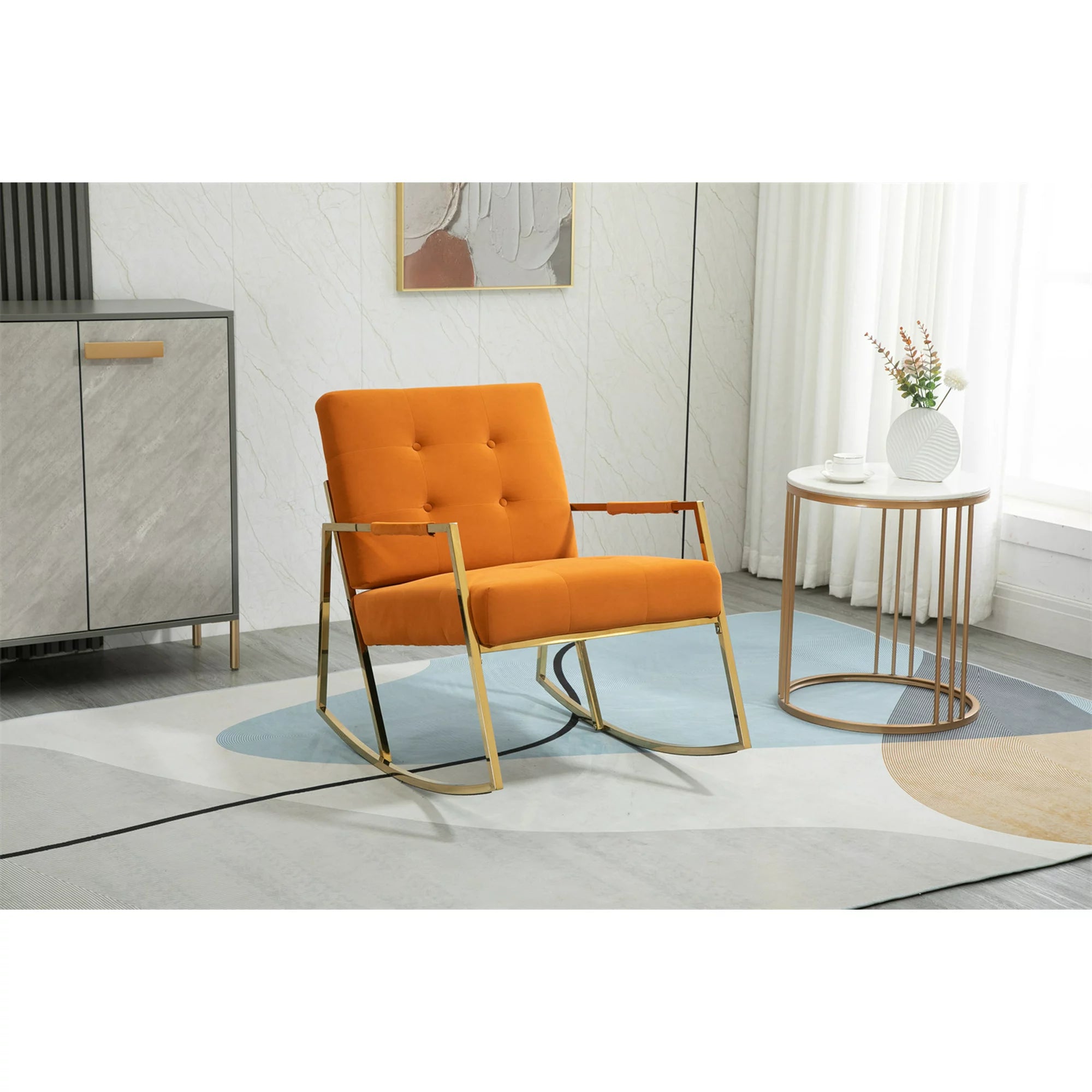 Accent Rocking Chair, Tufted Velvet Upholstered Leisure Rocker Chair with High Backrest and Armrest, Modern Single Glider Armchair for Living Room Bedroom Balcony Nursery Patio Garden, Orange