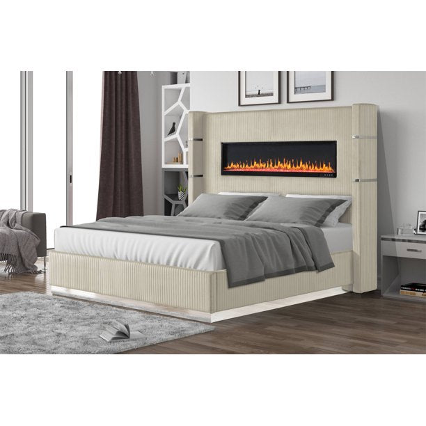 Queen Size Upholstered Bed with with Ambient Lighting, Wooden Upholstery Platform Bed with Slat Supports, Velvet Tufted Platform Bed, No Box Spring Needed, Easy to Assemble, Beige